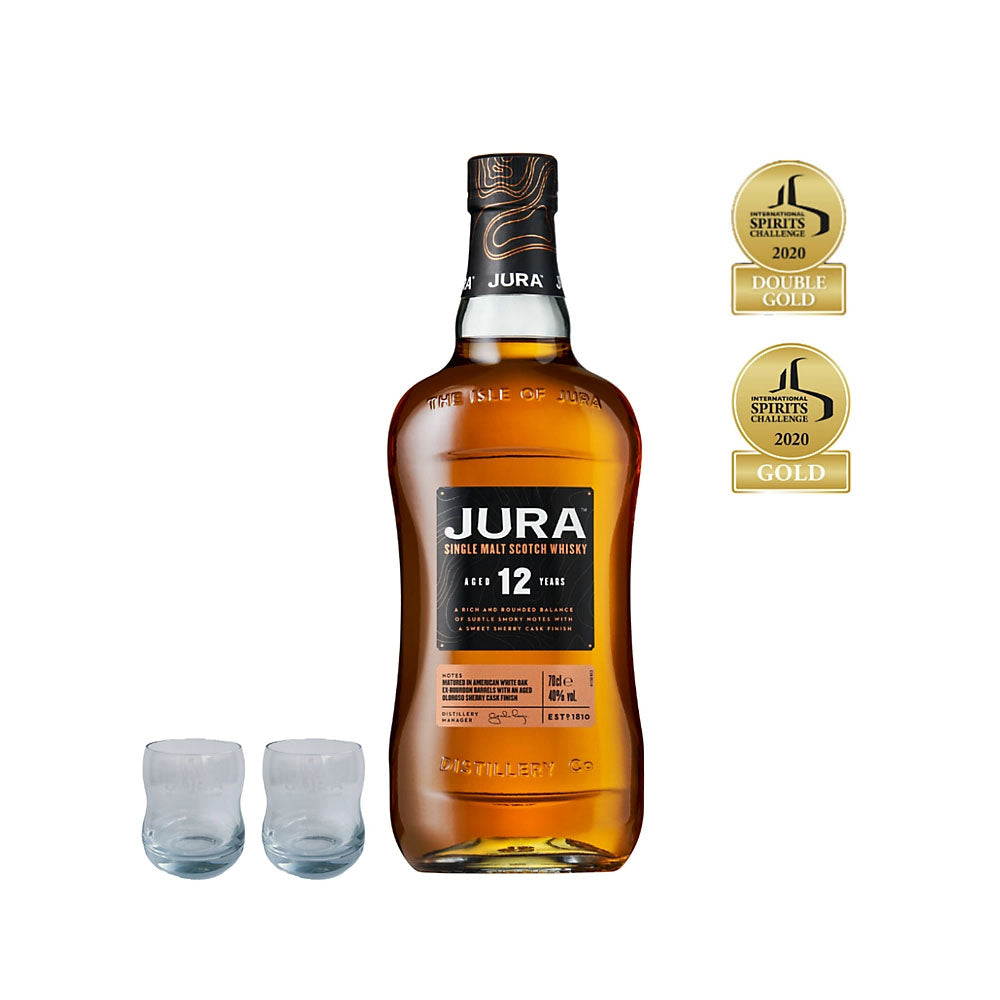 Jura 12 Year Old Single Malt Whisky with 2 Whisky Glasses Gift Set