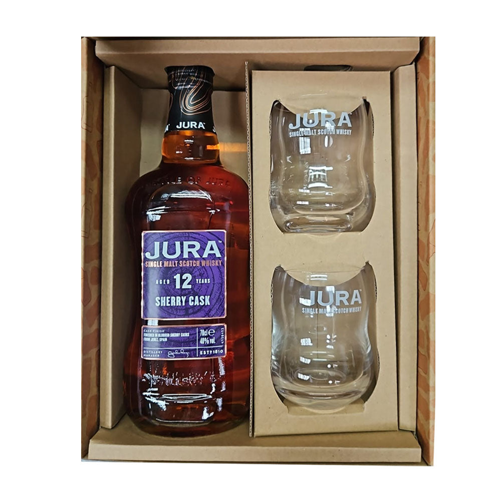 Jura 12 Year Old  Sherry Cask Single Malt Whisky with 2 Whisky Glasses Gift Set