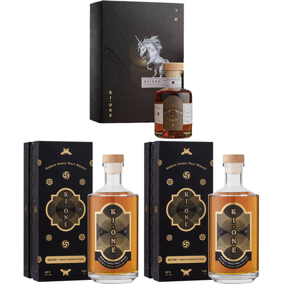 Ki One Unicorn Korean Single Malt Whisky ABV 56.6% 200ml x 1 bottle + Ki One Batch 1 Virgin American Oak Single Malt Korean Whisky ABV 40% 700ml x 2 bottles (Bundle Deal)