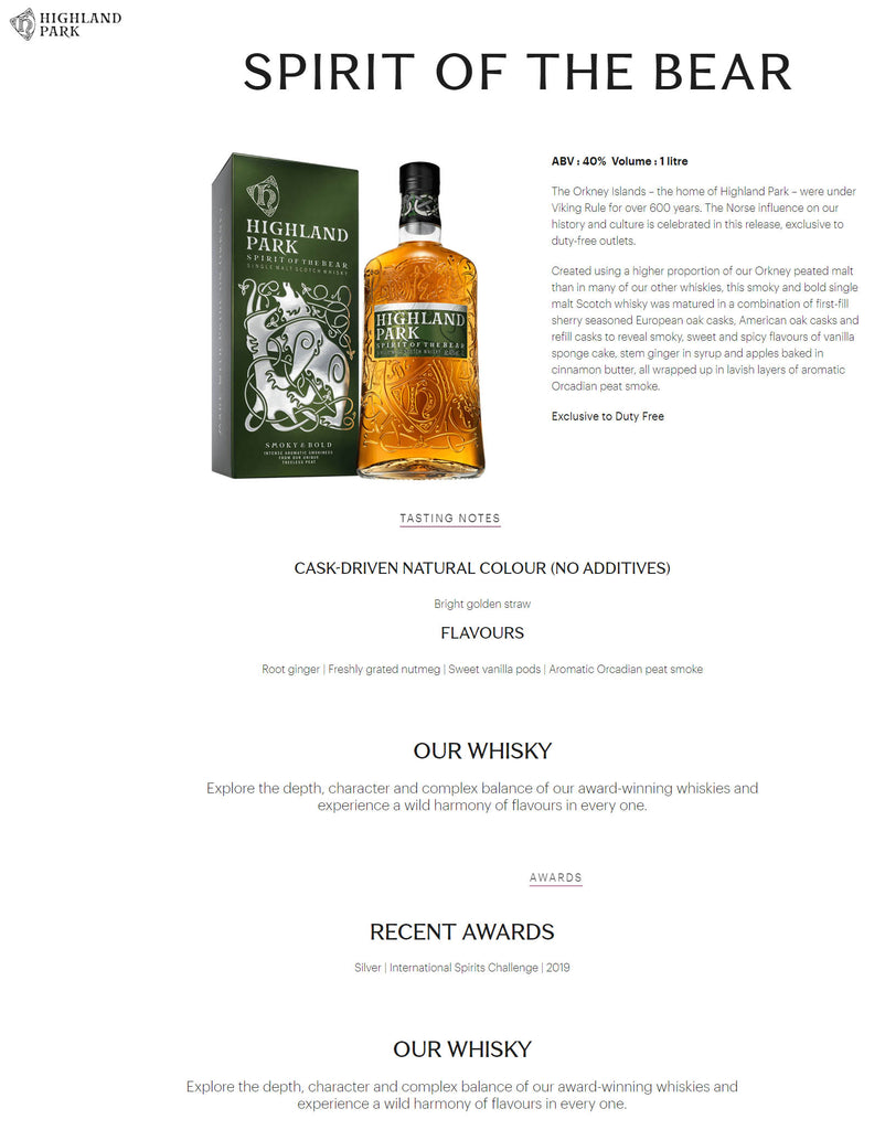 (1L) Highland Park Spirit Of The Bear Single Malt Whisky ABV 40% 1000ml
