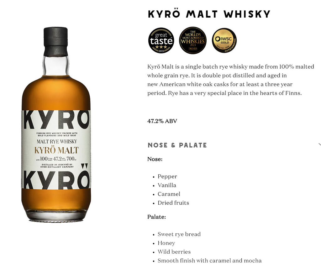 Kyro Single Malt Rye Whisky ABV 47.2% 700ml