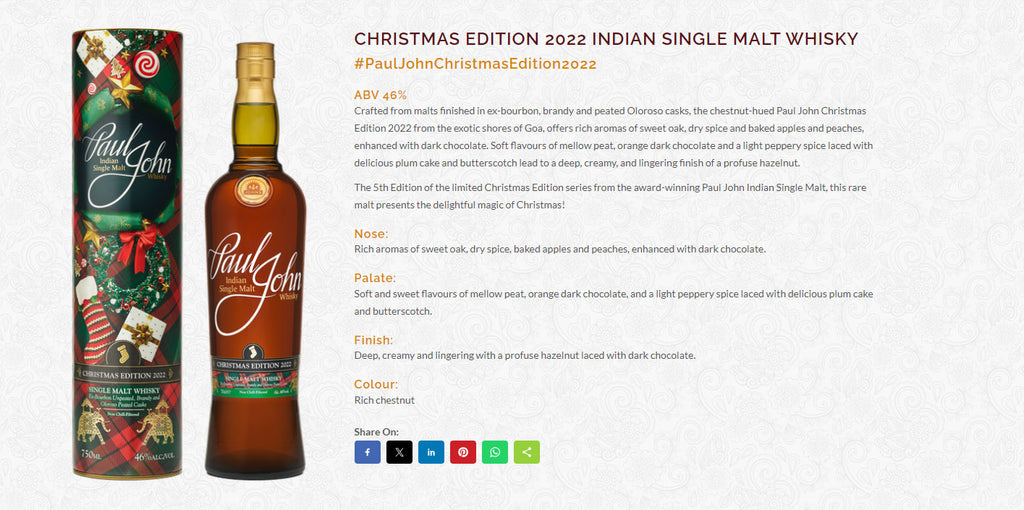 Paul John Christmas 2022 Single Malt Whisky ABV 46% 700ml