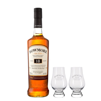 Bowmore 18 Years Old Islay Single Malt Whisky FREE 2 Whisky Nosing Glass (No Box)