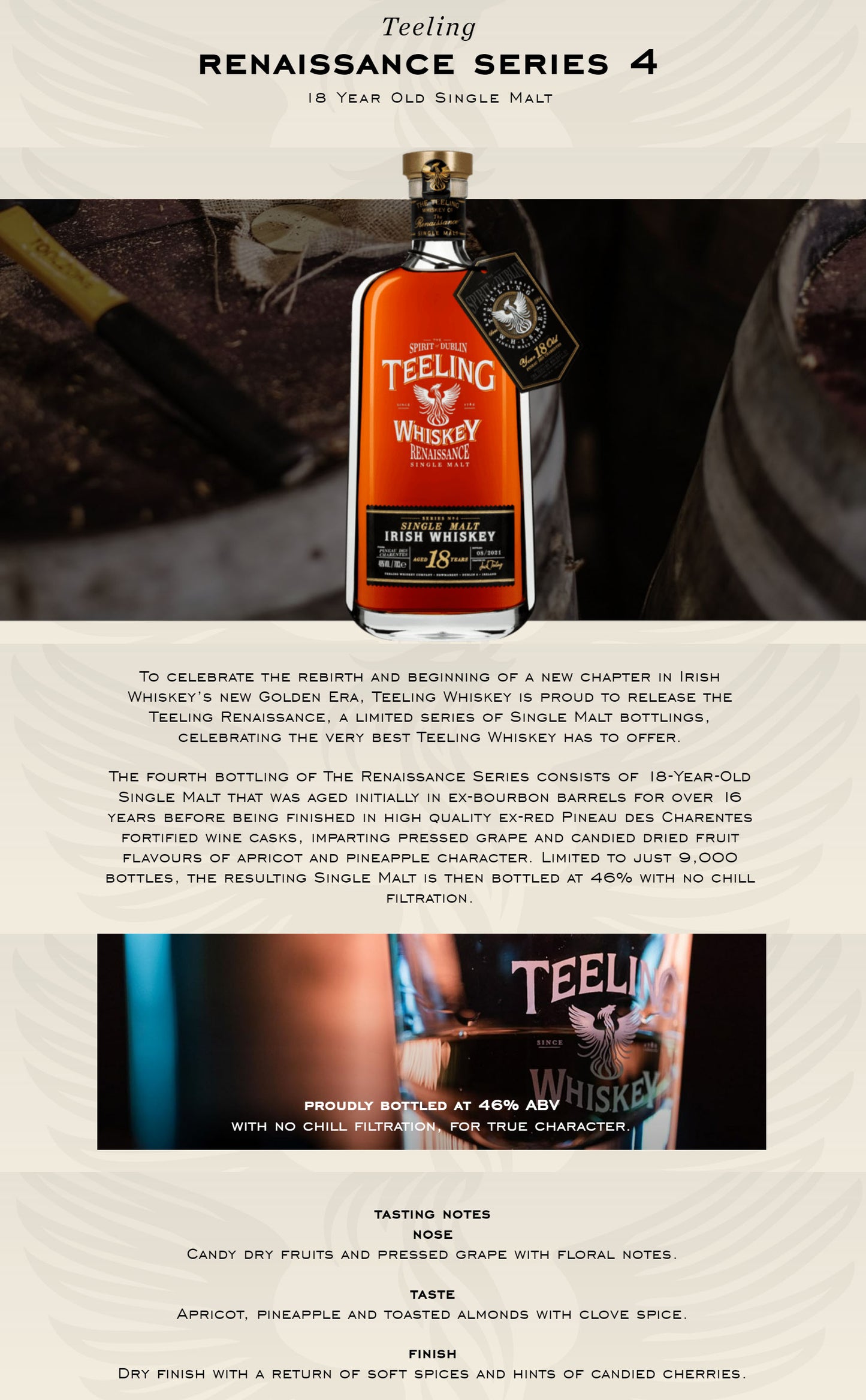 Teeling 18 Year Old Renaissance Series 4 Single Malt Irish Whiskey ABV 46% 700ml